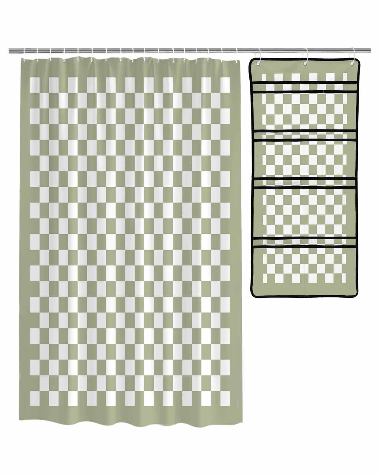HERBED Shower Curtain Shower Organizer Set Sage Green Checkerboard Plaid Water Repellent Bathroom Shower Curtain Hanging Mesh Shower