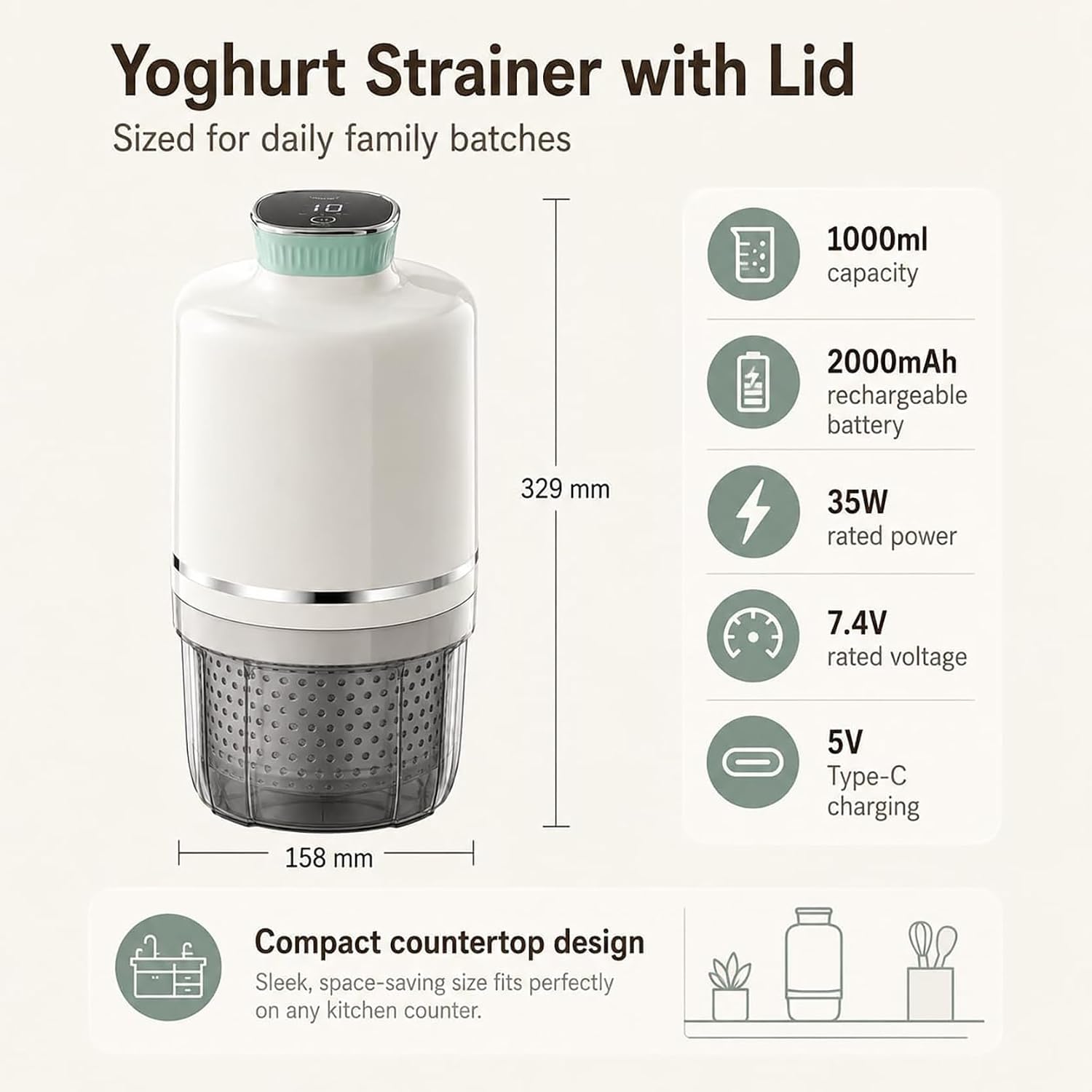 Macchina elettrica per yogurt a 3 livelli con colino da 1000 ml, batteria da 2000 mAh e filtro a rete 450 per yogurt greco e separazione del latte. Adatto per la produzione di grandi quantità