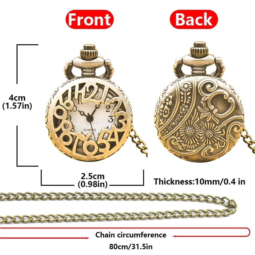 Collana con Orologio da Tasca Compatto e Delicato in Bronzo Numeri Arabi, Piccolo Regalo