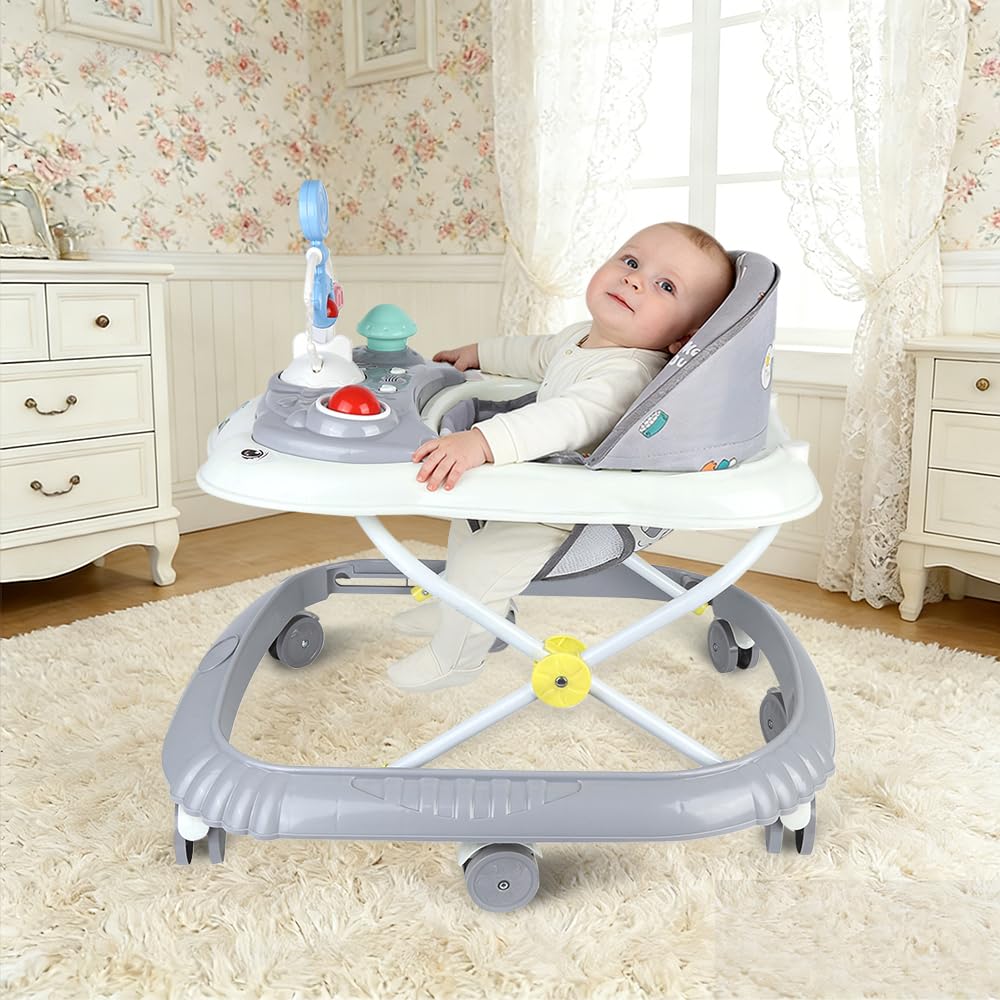 OHMG 4 in 1 Girarrosto per neonati con vassoio di attività musicali rimovibile, girello per bambini facilmente pieghevole, da 6 a 18 mesi, fino a 18 kg, 4 altezza regolabile per bambini (grigio-67 x