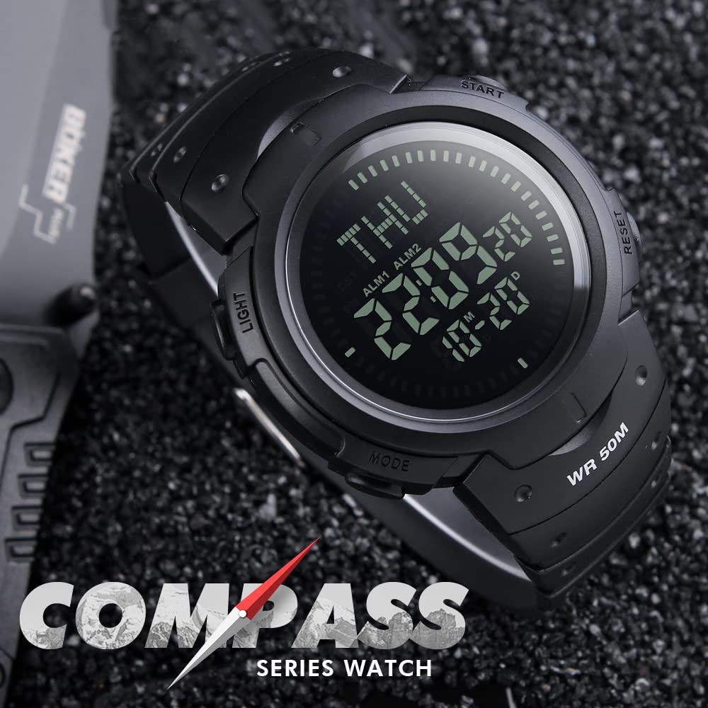 Multifonctionnel Outdoor Militaires Digital Sport Boussole Montres Bracelet de Homme 50M Étanche LED Temps Double Noir Plastique Montre et Caoutchouc Ruban