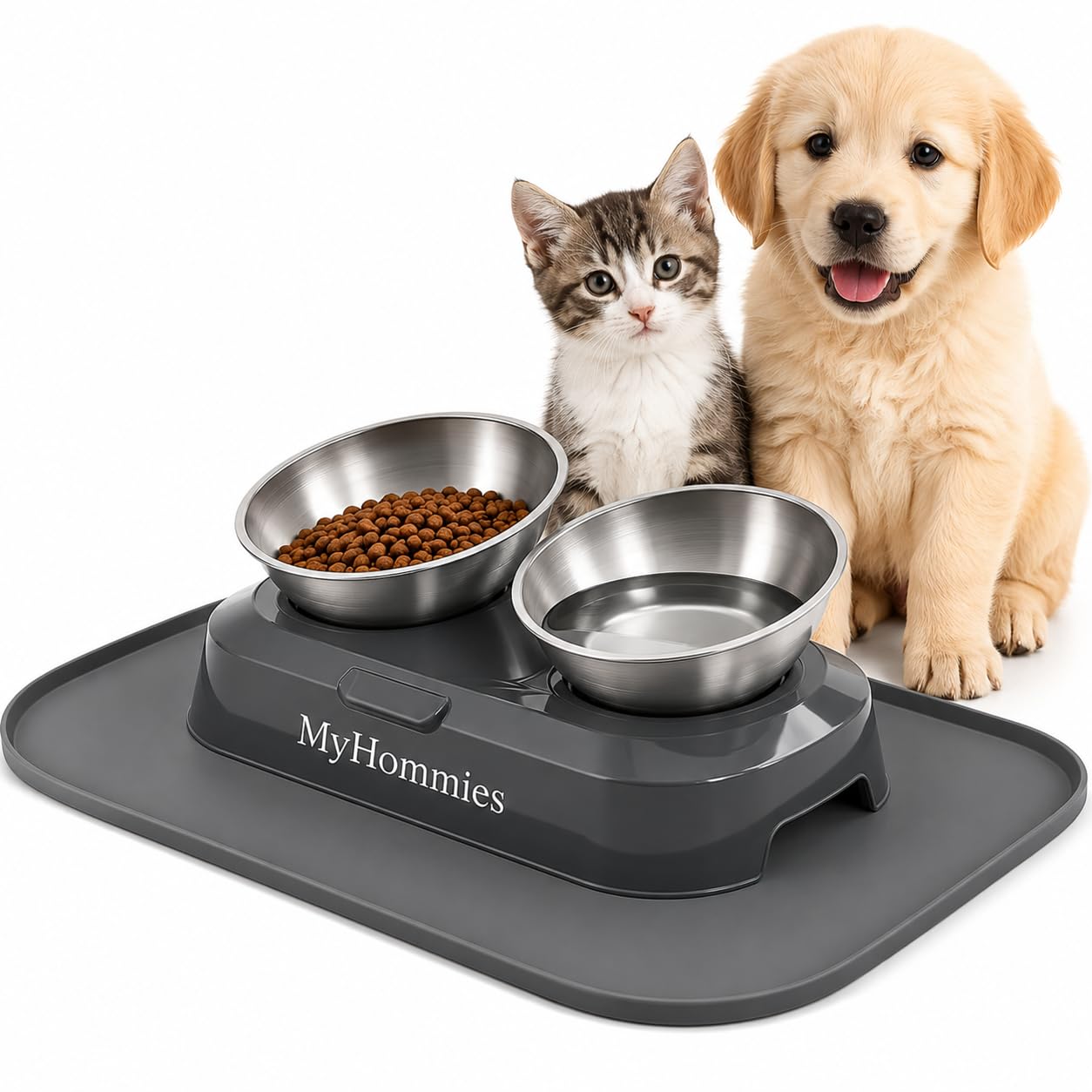 Ciotola Gatto Rialzata e Inclinata 15°, Doppia Ciotola Anti Vomito per Gatti e Cani Piccoli, Acciaio Inox 304, Antiscivolo con Tappetino in Silicone, MyHommies