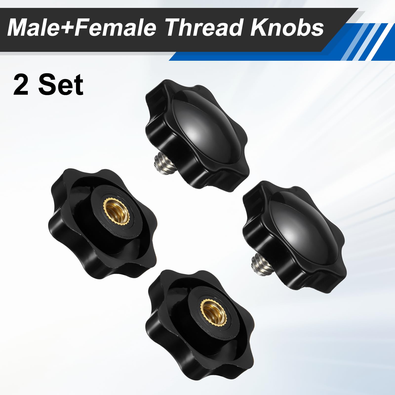 sourcing map Set di 2 pomelli a stella da 1/4"-20UNC x 8 mm maschio + 1/4"-20UNC filettatura femmina 32 mm testa metrica 6 stelle filettate Stud serraggio maniglie vite in foro passante manopola a