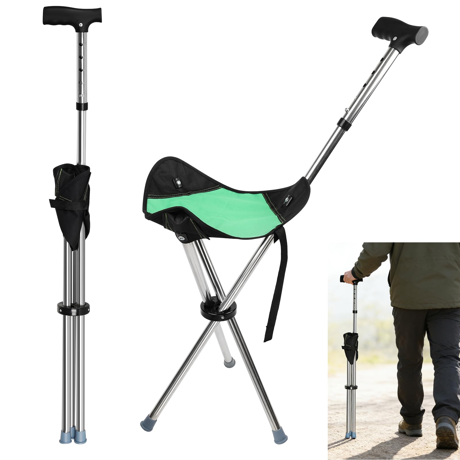 Bastone Trekking Pieghevole con Sedile, Bastone per Anziani con Allarme di Localizzazione Bluetooth, 0,95 kg Sgabello Pieghevole Portatile, per Escursionismo/Campeggio/Alpinismo/Pesca, Portata 150 kg