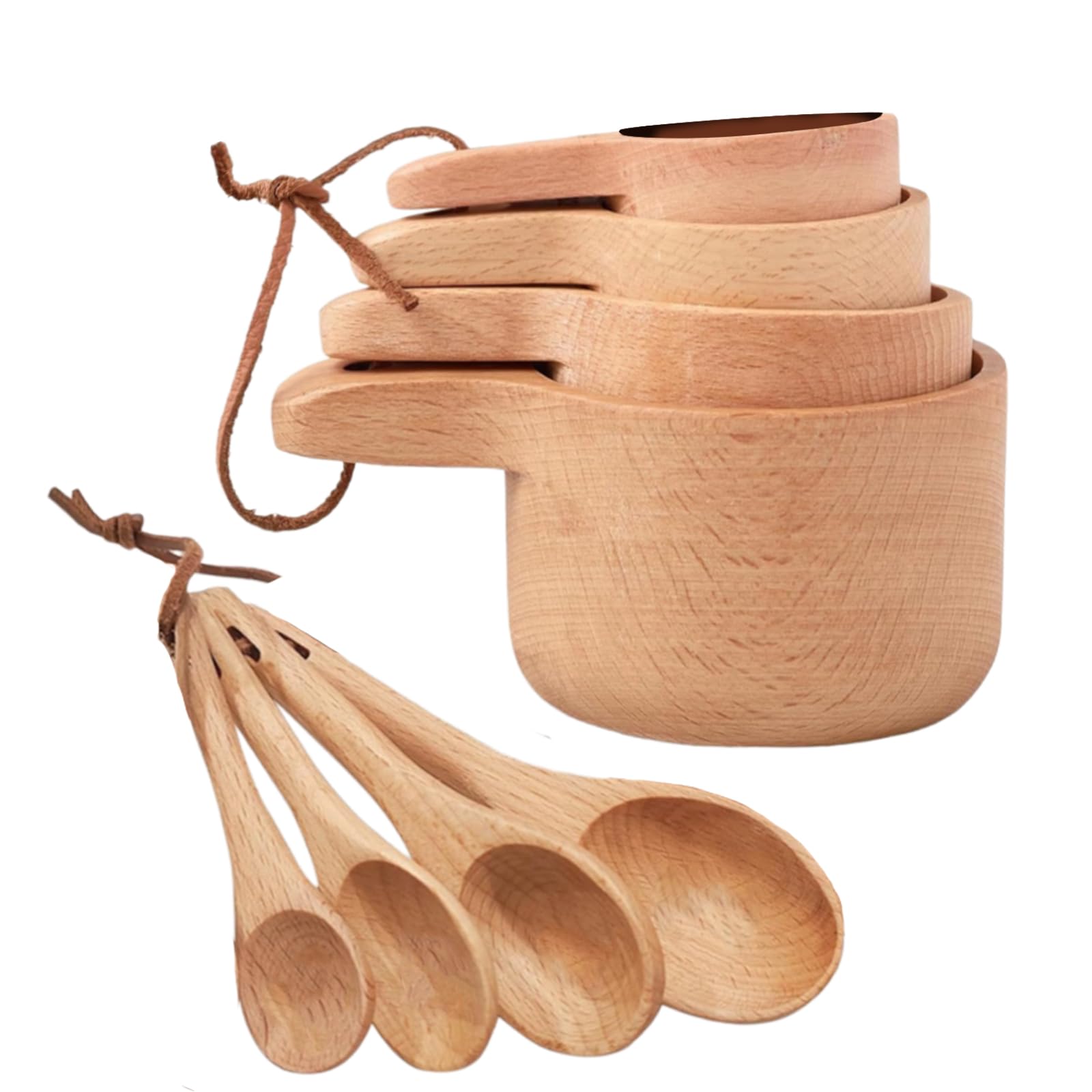 Wooden Measuring Cups and Spoons Set - Eco-Friendly Solid Acacia Wood, Laser Engraved Measurements, Perfect for Baking & Cooking - Ideal for Bakers, Chefs & Home Cooks (Almond white)