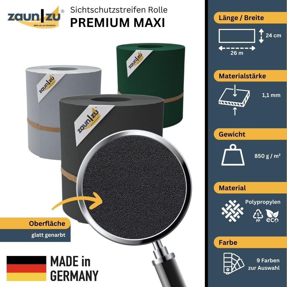 Premium Maxi 26 Meter Rolle 24cm hoch | Sichtschutzstreifen PP für Doppelstabmatten UV-beständiger Sichtschutz | Zaunblende Made in Germany Anthrazit 26m