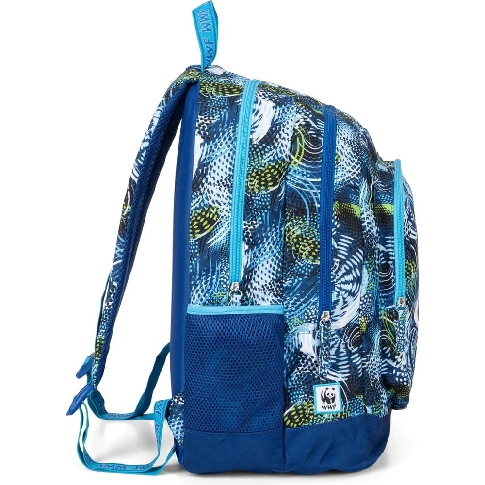 PRESTIGE & DELUXE Mochila escolar WWF versión Shark tiburón azul redondo 3 compartimentos cremallera para niños primaria secundaria + Estuche de 3 pisos completo de papelería + kit bolígrafos y