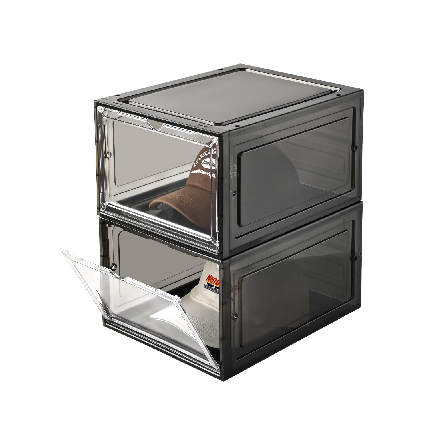 beehomay Hat Organizer Box, Stackable Clear Baseball Caps Holder Box Containers with Magnetic Door, Holds 20 Hats (Black Clear, 2 Pack)