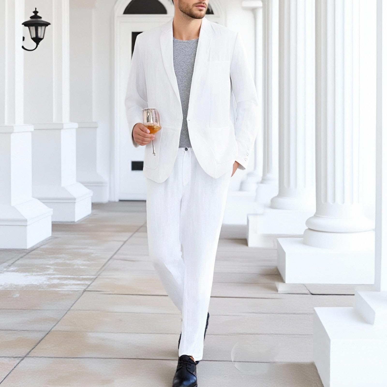 Completo da Uomo in Lino, 2 Pezzi, Slim Fit, con Giacca e Pantaloni, Blazer Estivo, Ballo di fine Anno e Matrimonio
