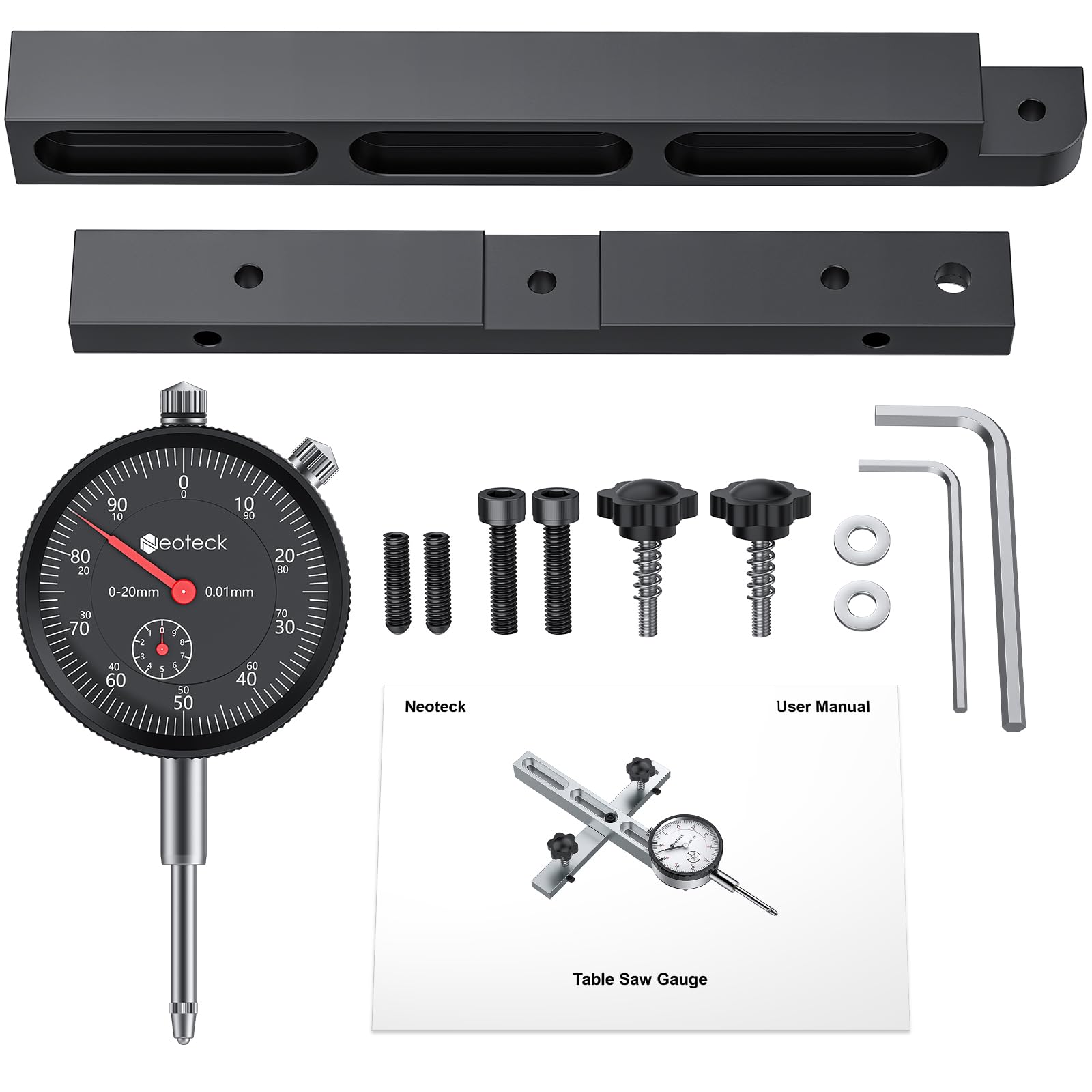 Neoteck 0-20mm Comparateur Mécanique pour Scie à Table Résolution 0.01mm avec Barre en Aluminium Anodisé Fixation à Trois Glissières Indicateur à Cadran Mécanique pour Scies Circulaires à Table-Noir