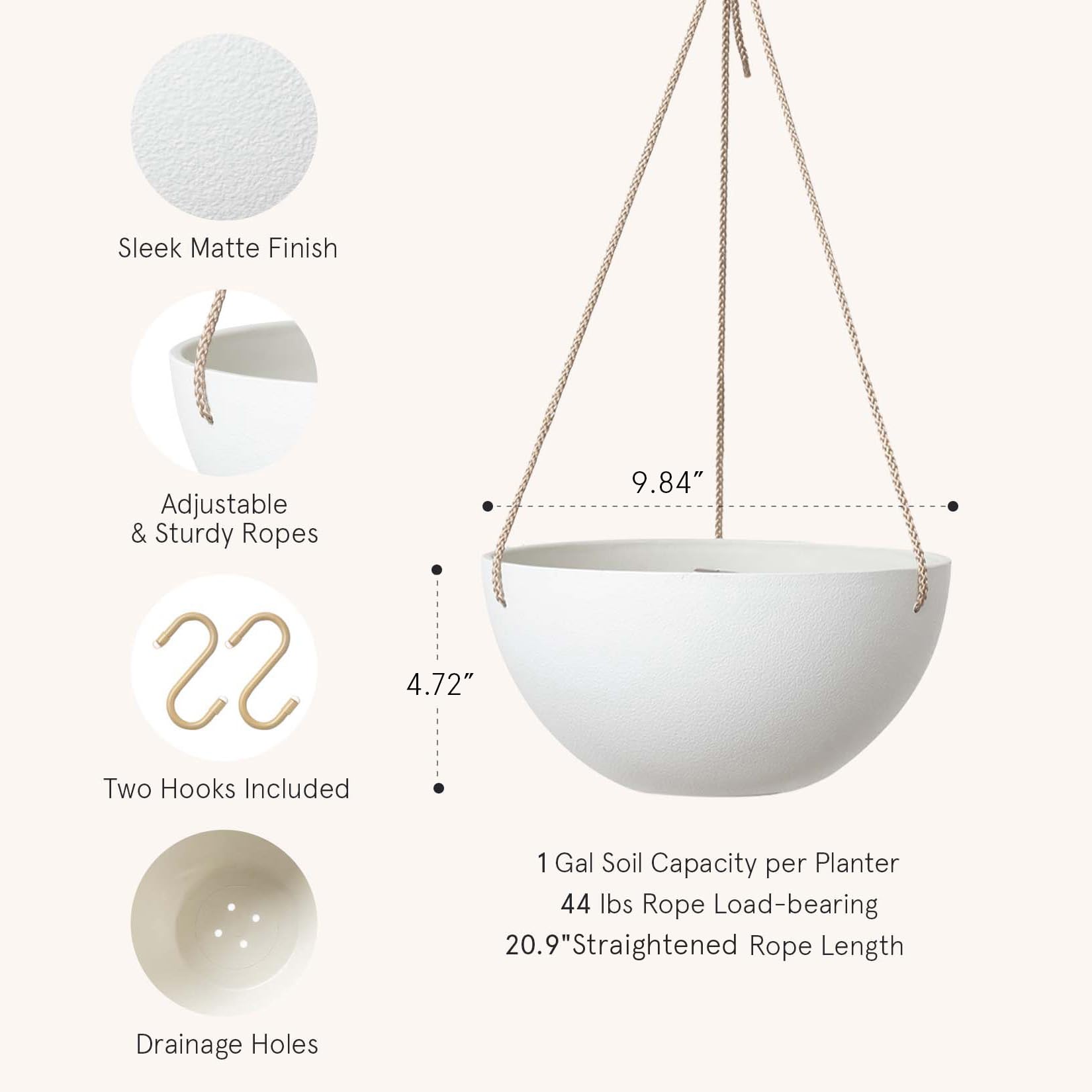 LA JOLIE MUSE White Hanging Planter Basket - 10 Inch Indoor Outdoor Flower Pots, Plant Containers with Drainage Hole, Plant Pot for Hanging Plants, Pack 2