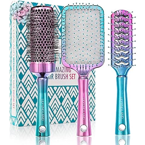 Haarbürsten Set | Luxus Haar Styling Set mit Haarbürste, Rundbürste, Skelettbürste im Ombre Türkis Lila Look | für dünnes & dickes Haar, Lily England Cover