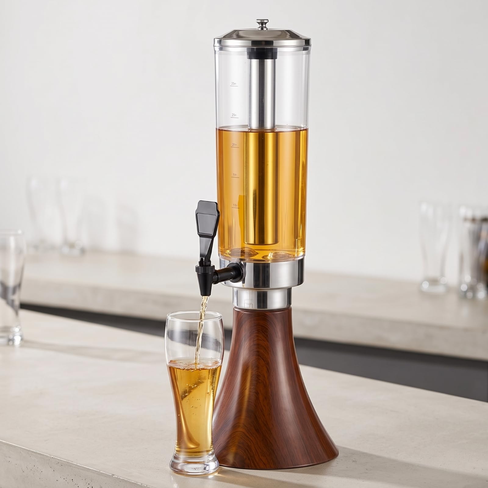 rockible Getränkespender mit Eiszylinder Eisgekühlt Getränkesäule mit Zapfhahn Kalthaltend Biersäule Zapfhahn für Gastronomen, Gartenparty, Gastronomie, Array, Holzmaserung