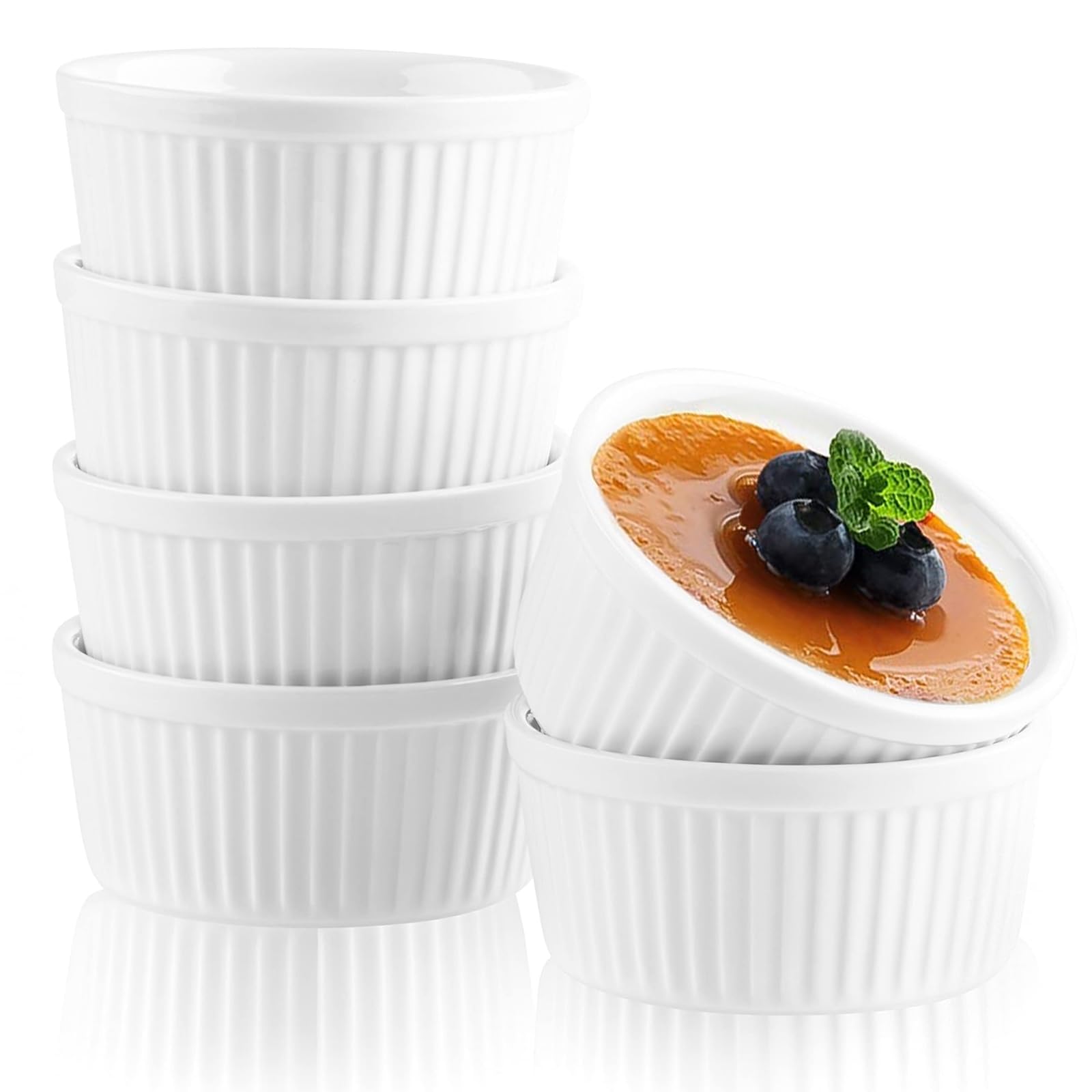 Woobroo Ramekins Set of 6, 200ML Porcelain Souffle Dish,9cm Creme Brulee Dish for Air Fryer & Oven, Mini Bowl for Dips, Sauces, Snacks and Fruits-White — image 1