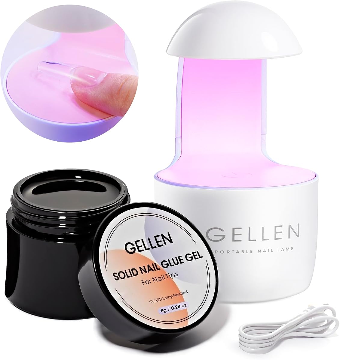 Gellen Solid Nail Glue Gel Kit, 8g Glue With 8W Mini UV/LED Nail Lamp | Repositionable Clear Gel Glue For Acrylic, Fake And Press On Nail Tips With Strong UV-Cured Adhesion And Up To 28 Days Wear