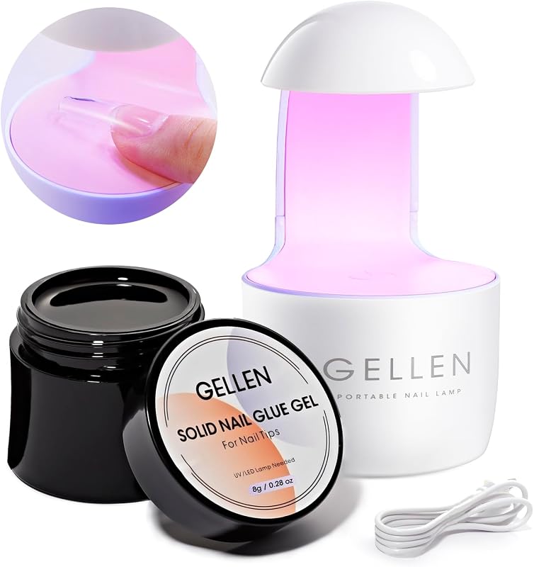 Gellen Solid Nail Glue Gel Kit, 8g Glue With 8W Mini UV/LED Nail Lamp | Repositionable Clear Gel Glue For Acrylic, Fake And Press On Nail Tips With Strong UV-Cured Adhesion And Up To 28 Days Wear
