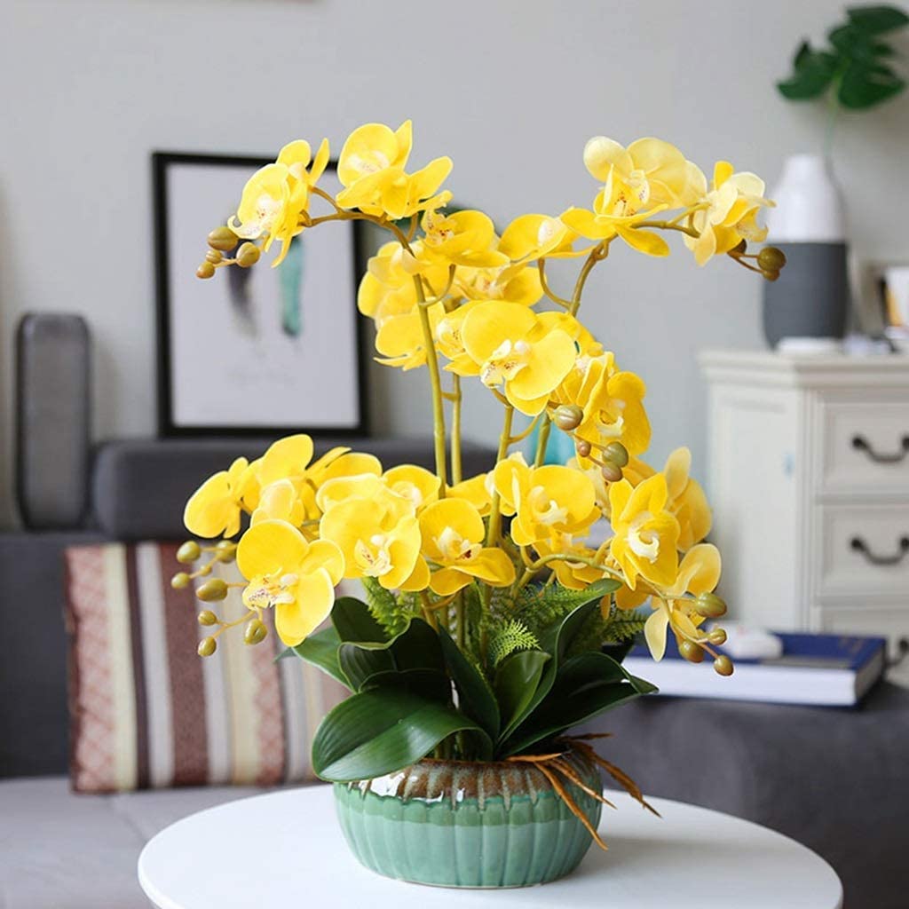 Bellissime Orchidee Fiori Artificiali Fiori di Seta Artificiali Pianta di Orchidea Phalaenopsis Artificiale, Composizioni Floreali di Fiori di Seta con Vaso di Ceramica,