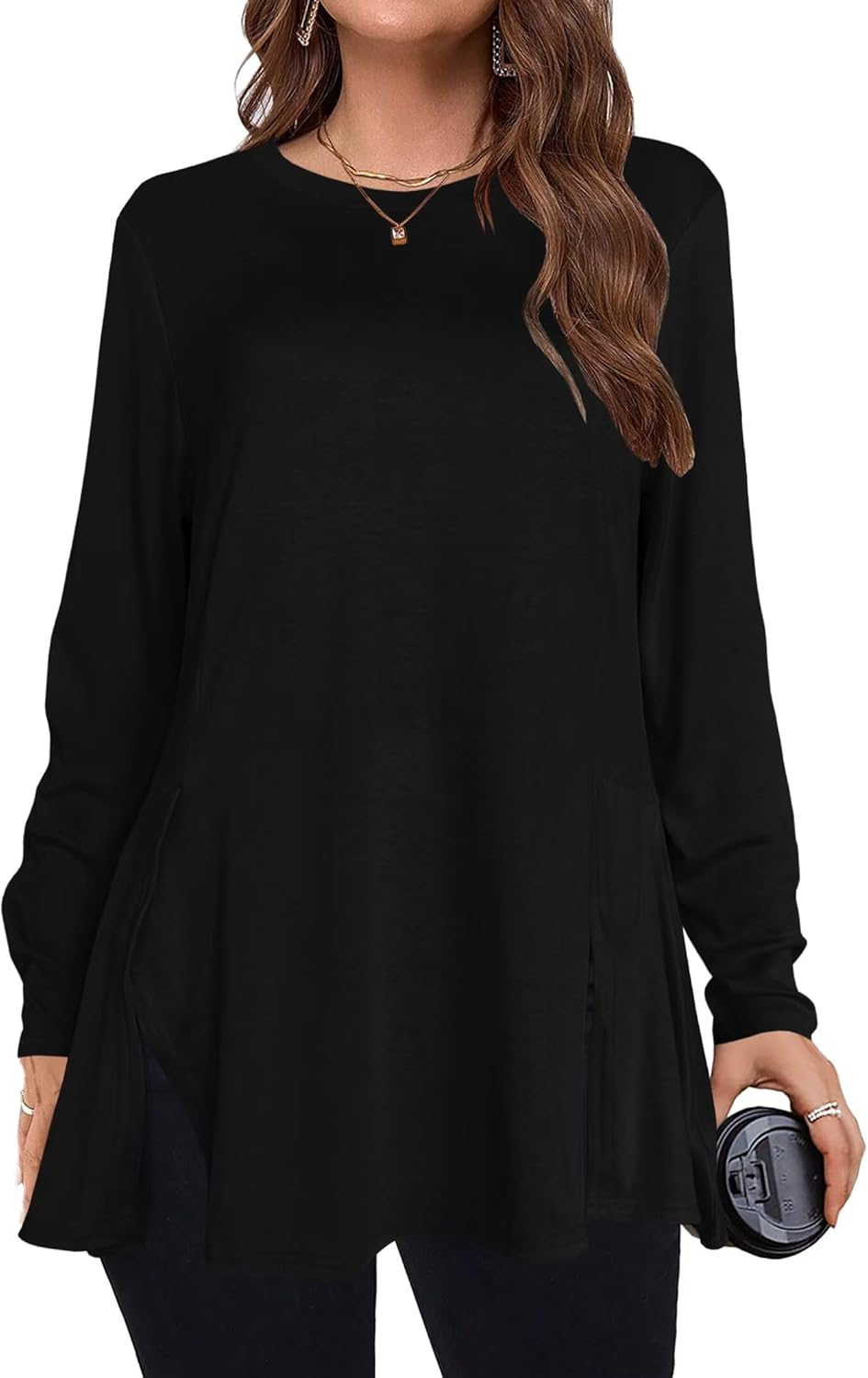 Afibi Crew Neck Long Sleeve Tunic Tops for Women Loose Fit Dressy for Leggings with Side Split - Image 2