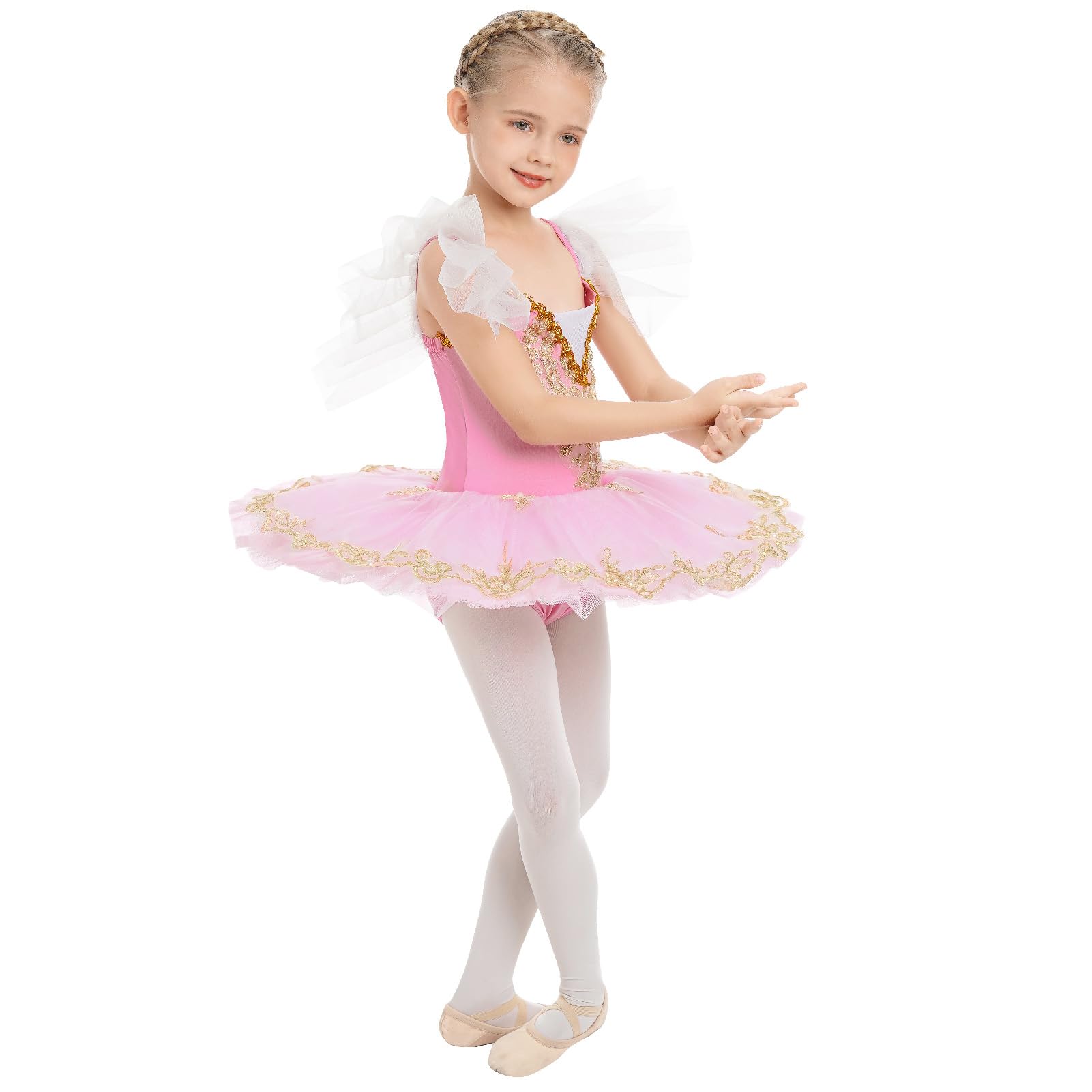 IWEMEK Robe de Ballet Fille Tenue Danse Classique avec Tutu Tulle Plateau Lac des Cygnes Justaucorps Broderies Perles Enfant Ballerina Princesse Costume Danseuse Manches à Volants 4-14 Ans