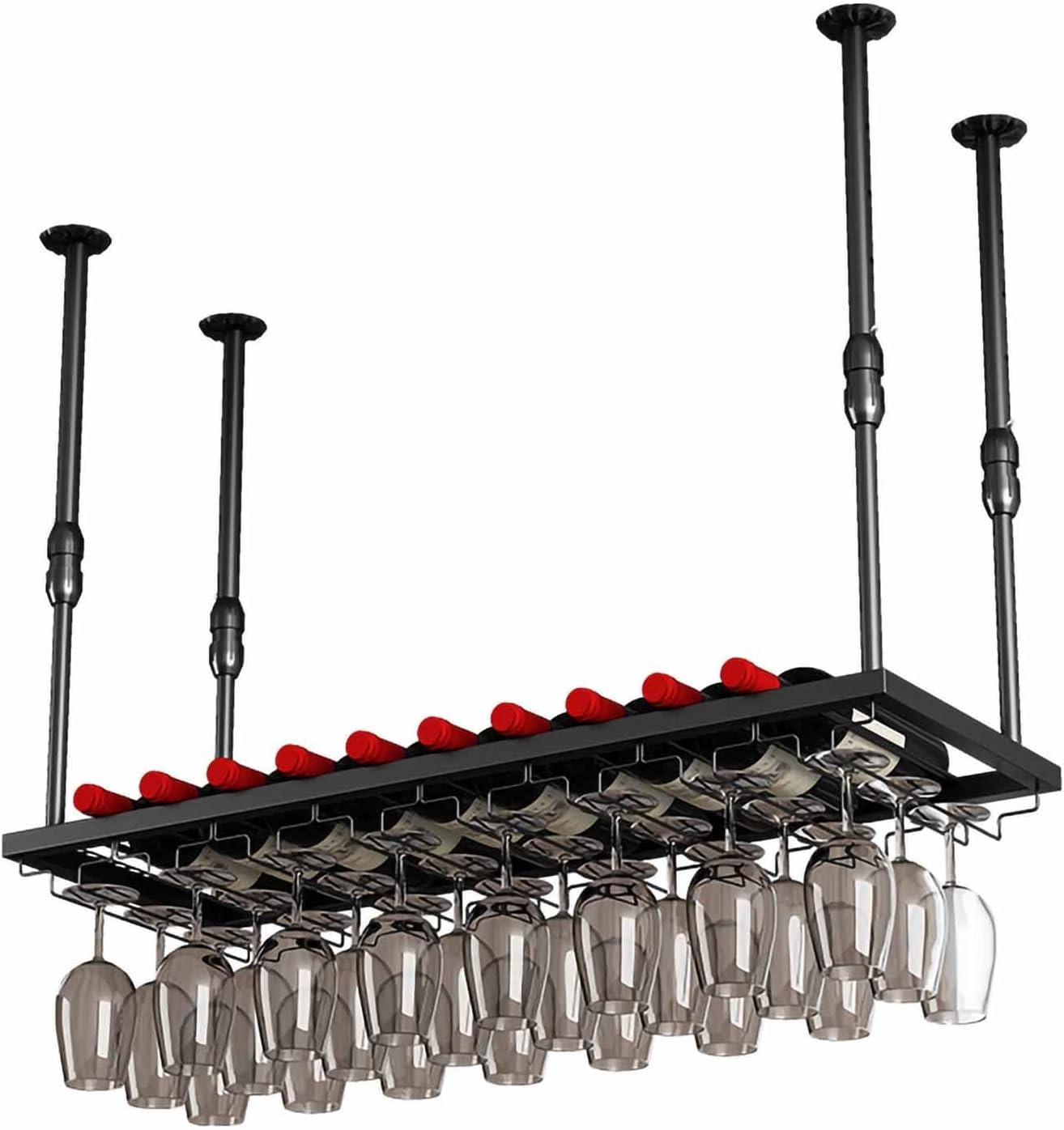 Ceiling Wine Glass Rack Hanging with Holder Shelf Industrial Bottle Holder Metal Height Adjustable Wall Mounted Rack,Adjustable Ceiling Mount Wine Glass Rack - Stylish Hanging Wine Bottle Sh