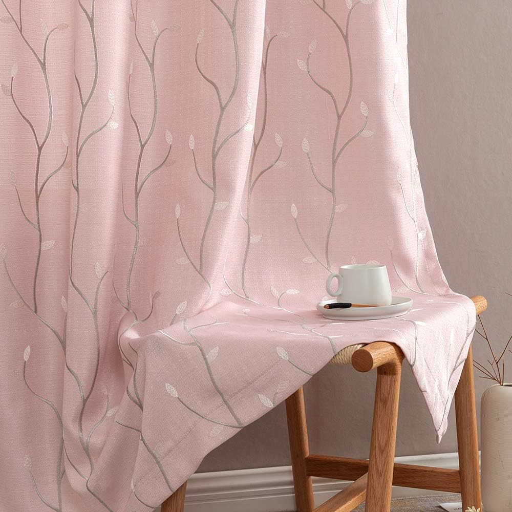 jinchan Pink Curtains for Bedroom 84 Inch Length Floral Embroidered Drapes for Living Room Embroidery Grommet Window Curtain Panels Set (2 Panels, Pink)