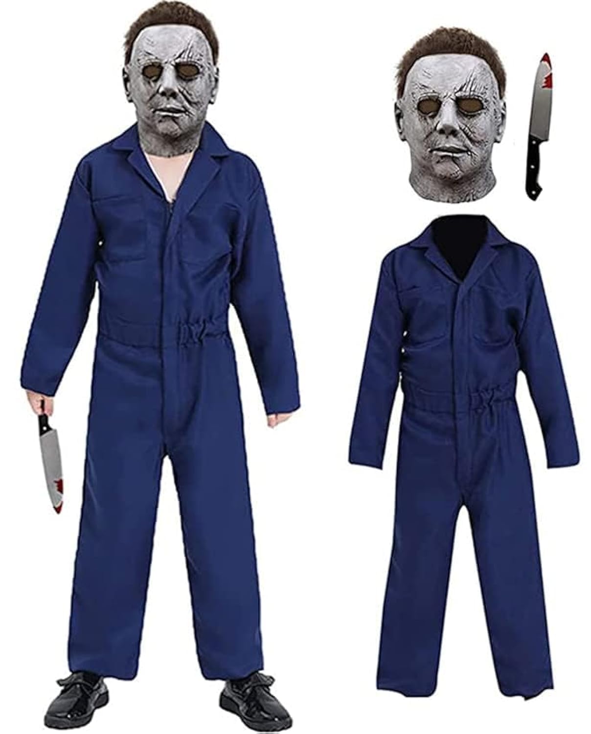 SINSEN 3PCS Michael Myers Costume for Kids Michael Myers Jumpsuit Coveralls Scary Killer Latex Mask with Blood Toy Halloween Christmas Cosplay Outfits for Boys Girls โ image 1