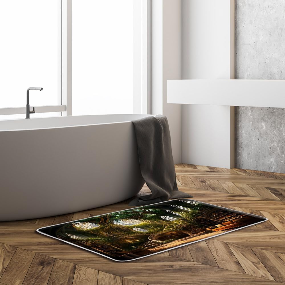 Library Bath Mat Gothic Bookshelf Retro Medieval Magic Green Tree Soft Plush Memory Foam Bathroom Living Room Bedroom Rugs(24x70 Inch)