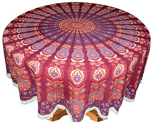 Image of RHF Dining Round Tablecloth 100% Cotton Multicolor Floral Bird Printed 4-6 Seater Round Table Cover with White Fringed Lace Border 75 inch (Maroon- Multi)