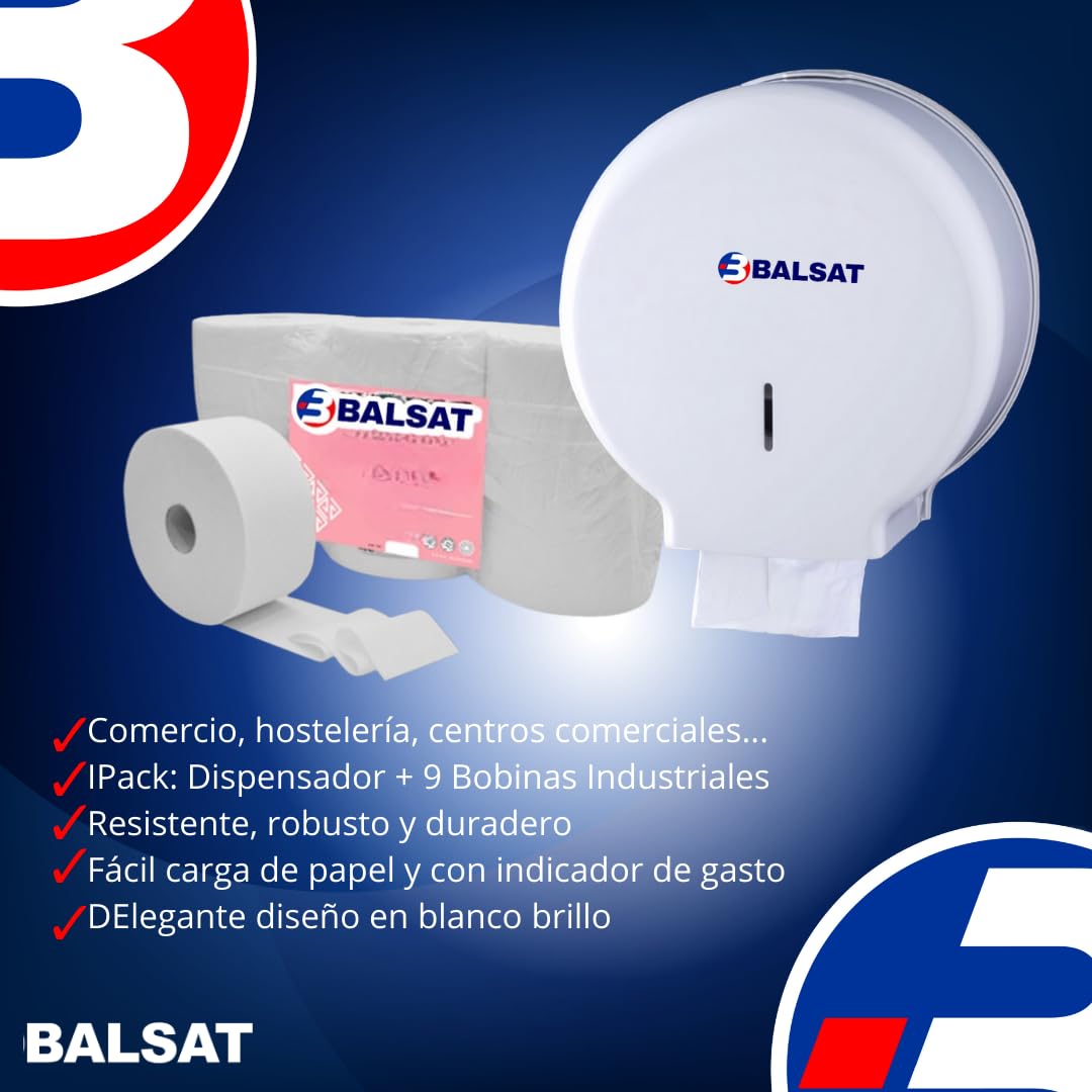 BALSAT | Lot de 1 distributeur de papier toilette industriel + paquet de 9 rouleaux de papier hygiénique industriel en cadeau