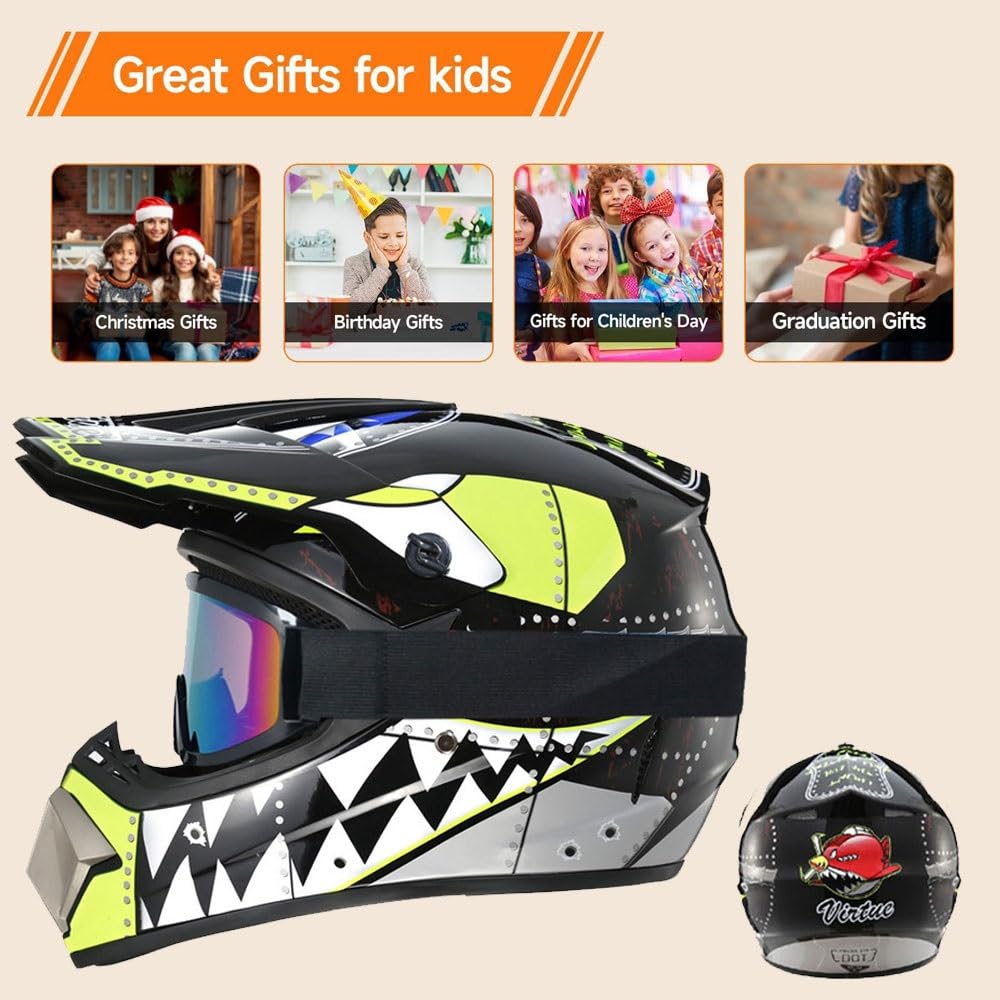 Casco da Motocross Per Bambini, Omologato DOT, Casco da Cross Per Adulti E Ragazzi Dai 9 Ai 14 Anni, Per ATV, BMX, Mountain Bike, Quad, Con Occhiali, Guanti E Maschera