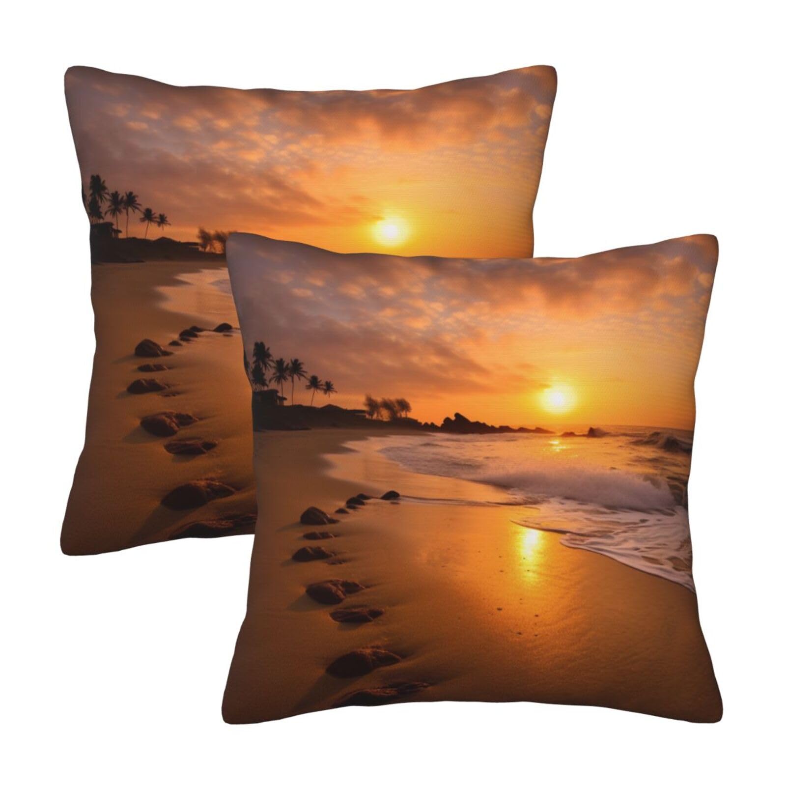 Beach Sunset Throw Pillow Cases 2 Pack Square Pillowcases Soft Pillow Protectors for Couch Livingroom Sofa Bed Office Car,30x30 CM
