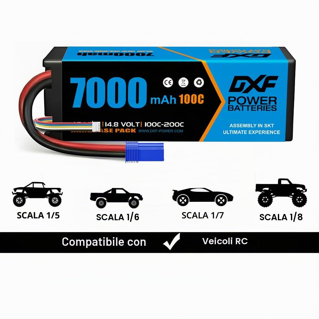 DXF 2 pacco batteria lipo 4s - potenza per veicoli RC: 14,8 V, 7000 mAh, 100 C, connettore EC5 - lipo 4s perfetta per Emaxx, Bandit, Losi e molti altri. - potente batteria lipo 4s per il massimo