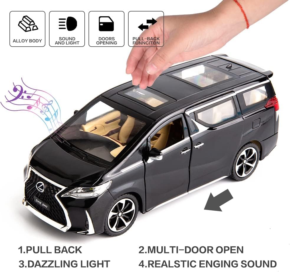 Image of 1:24 Lexus LM300 Alloy Diecast Model Car, Pull Back Toy Vehicle with Light and Sound, Openable Doors, Realistic Design, Gift for Boys, Girls, and Car Enthusiasts (Black)