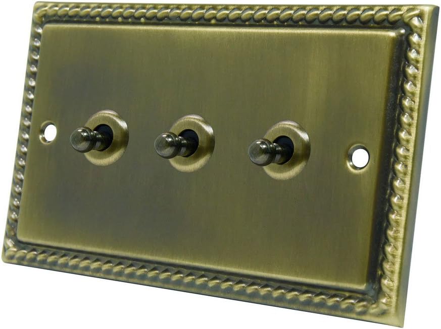 Georgian Antique Brass 3 Gang Toggle Switch - 10 Amp Triple 3-Gang 2 Way Dolly Light Switch
