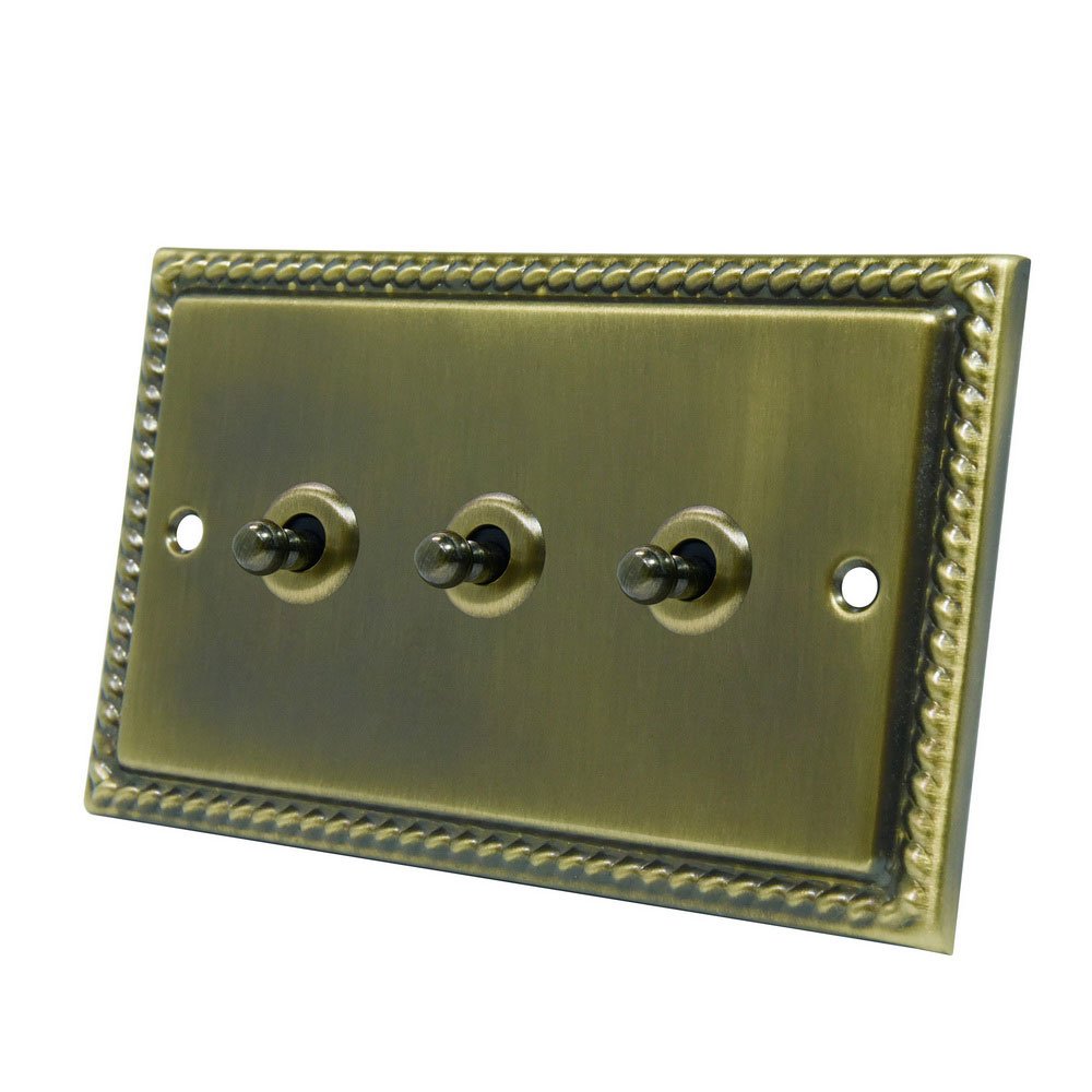 Georgian Antique Brass 3 Gang Toggle Switch - 10 Amp Triple 3-Gang 2 Way Dolly Light Switch