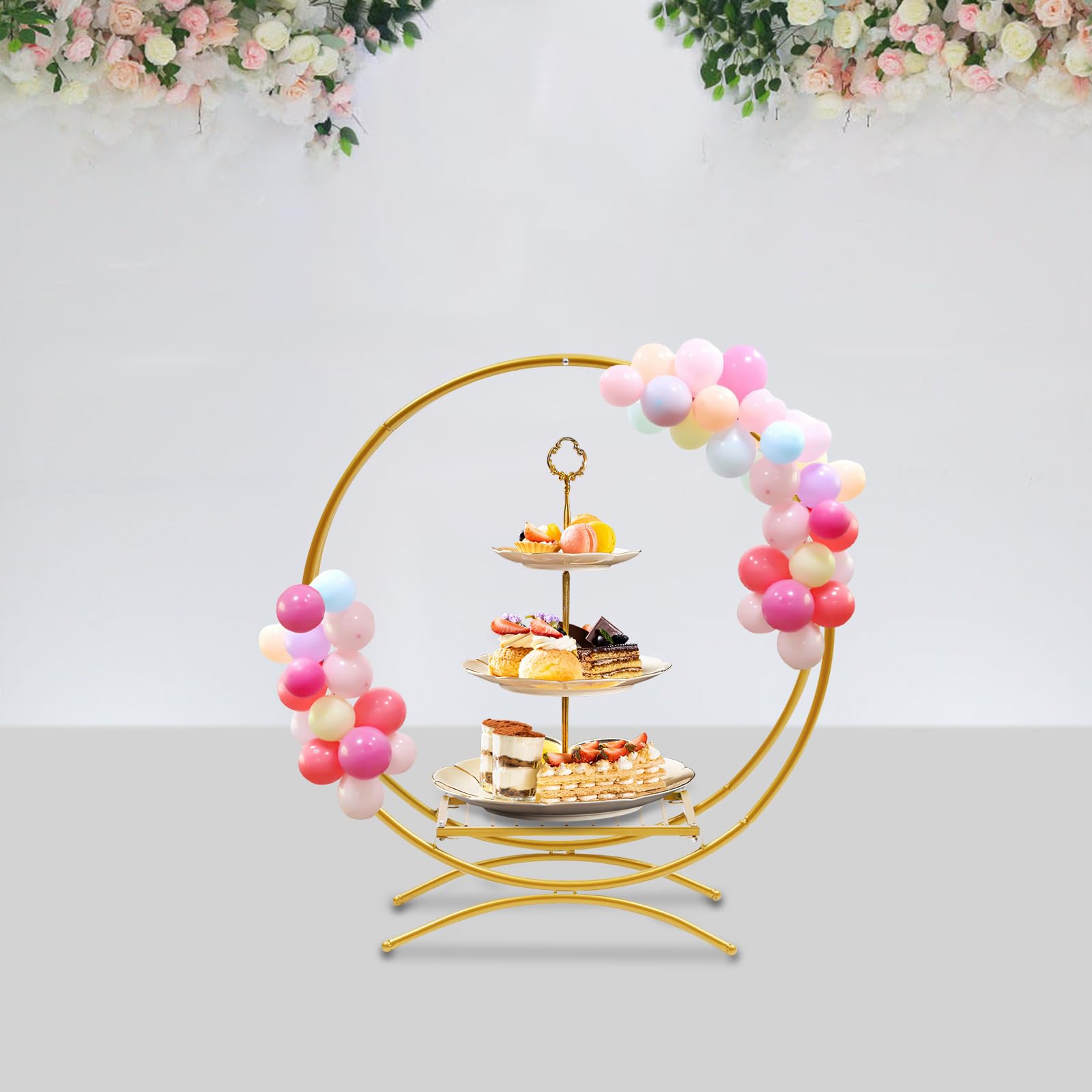 Présentoir à gâteau de mariage - 80 cm - Support à gâteau de mariage - Support en arc - Double anneau - Pour événements, fête, mariage - Support pour gâteaux - Décoration de dessert - Doré