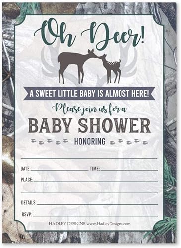 25 invitaciones de baby shower de ciervo azul, invitación de espolvorear para niño, tema rústico de revelación de género de Coed Forest, lindo