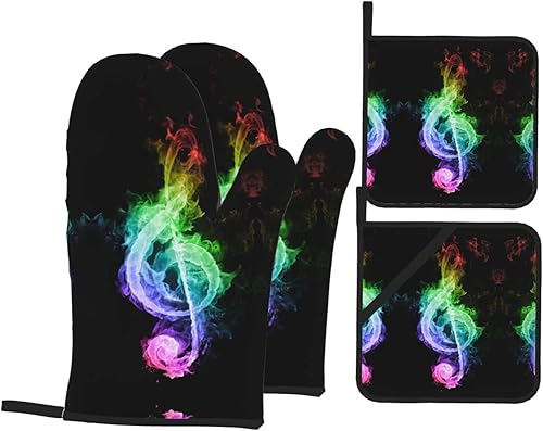 Miniatura 8 de Juego de 4 guantes de horno y soportes para ollas de notas musicales coloridas, resistentes al calor, antideslizantes, de algodón, para cocinar