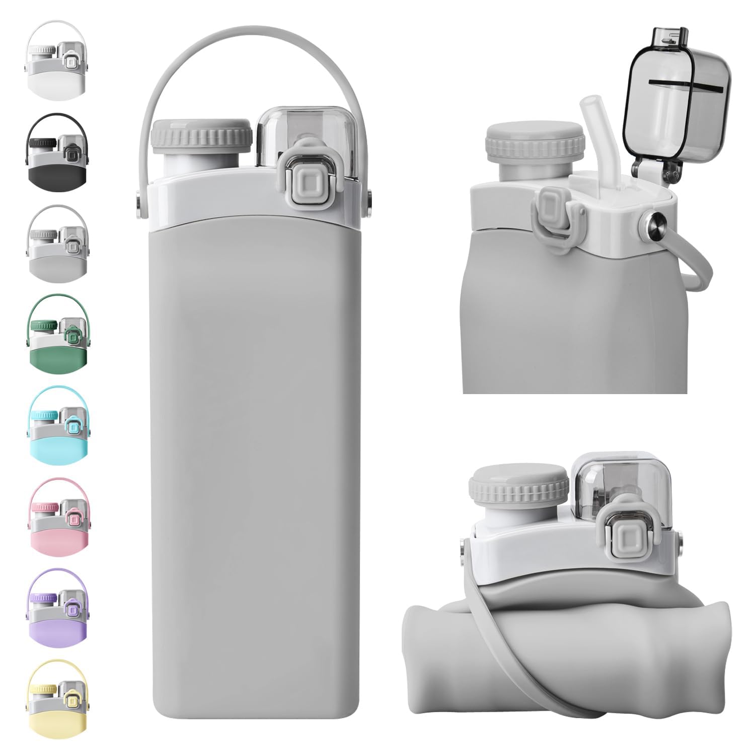 LBOYLOVE Collapsible 20oz Silicone Reusable Water Bottle with Straw and Strap, Leakproof Foldable Sports Water Bottle for Running Hiking Camping Travel, BPA Free (grey)
