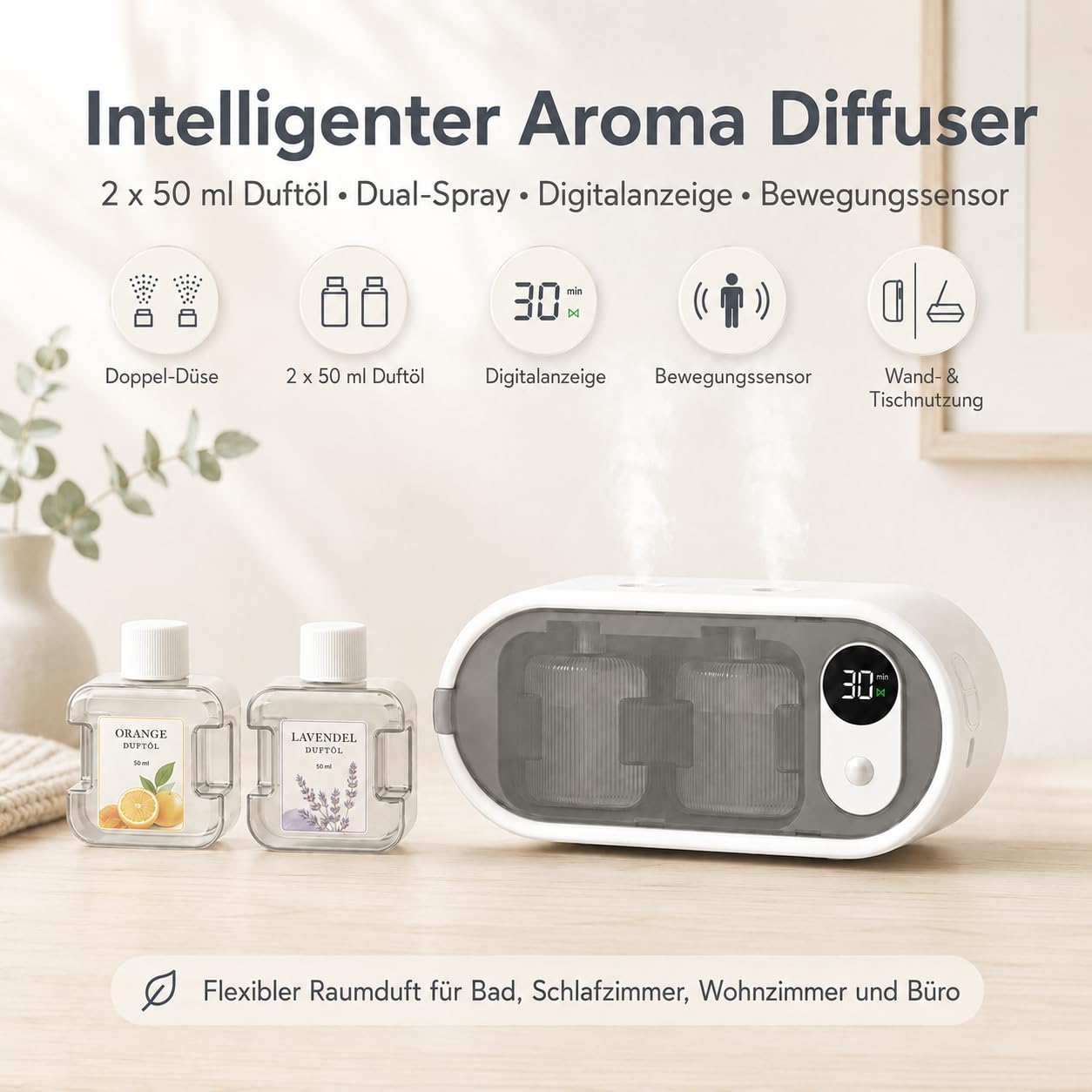 Aroma Diffuser kabellos mit Doppel-Zerstäubung Bewegungssensor & Timer, Tisch-und Wandmontage, Ohne Wasserbehälter, Raumduft Lufterfrischer Diffuser mit 100ml Duft für Bad Schlafzimmer Wohnzimmer Flur