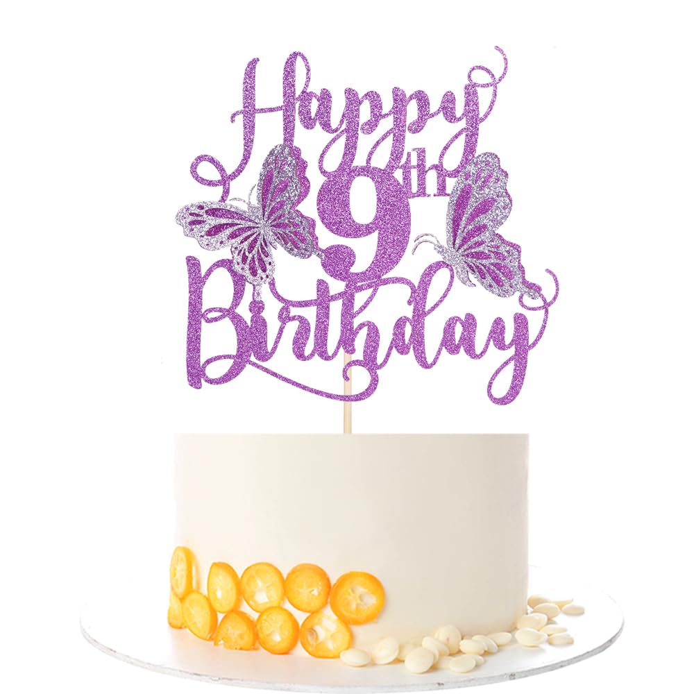 Kaoenla 3D Butterfly Happy 9th Birthday Cake Topper, Glitter Butterfly Theme 9 years old/nine Birthday/Anniversary Party Cake Decor (9th, Purple)