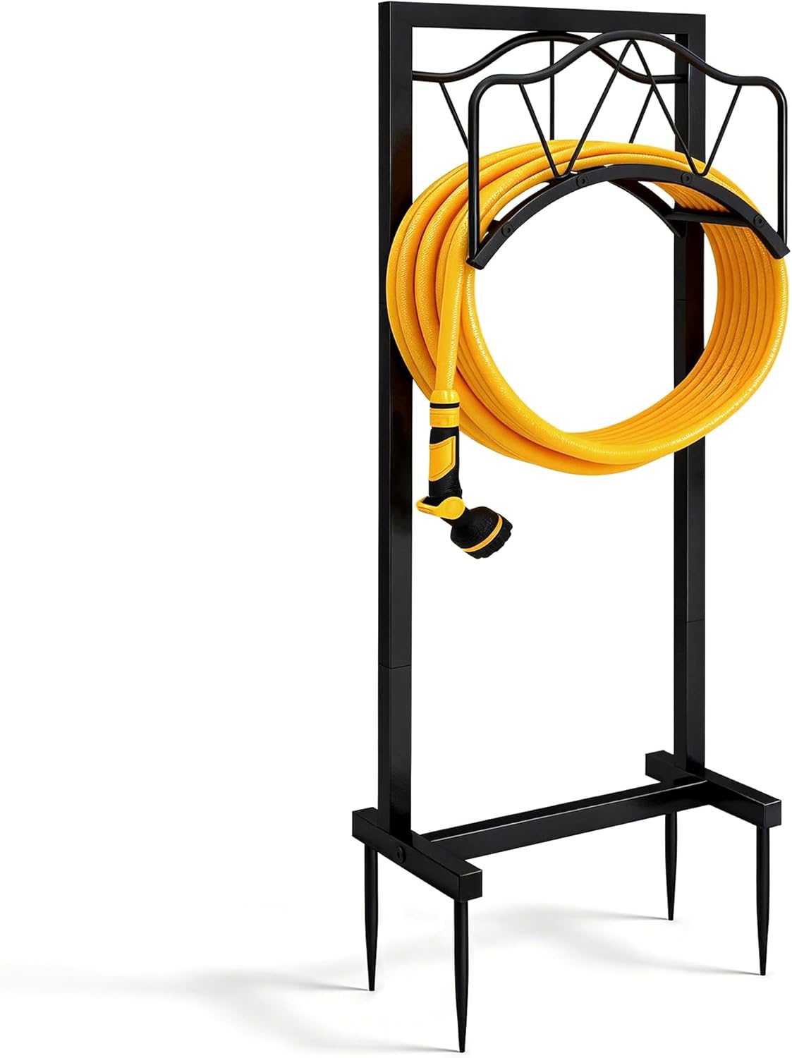 Garden Hose Holder - Upgraded Water Hose Holder Stand with Storage Basket Holds 150ft, Heavy Duty Freestanding Garden Hose Hanger Storage Rack for Outside Yard Lawn Farm