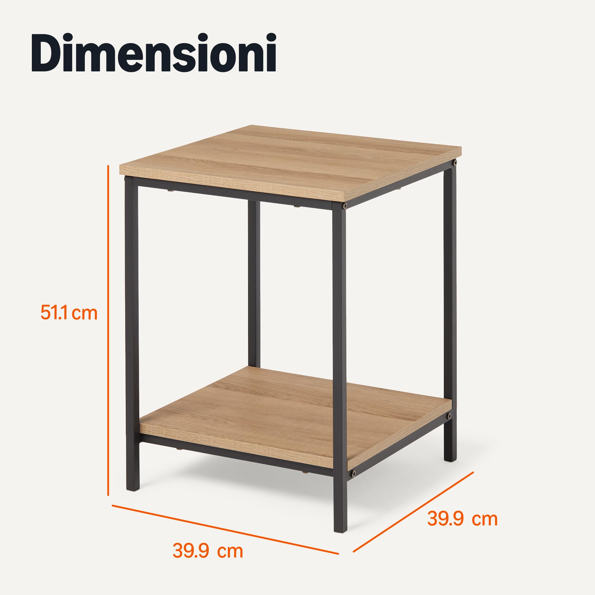 Amazon Basics Tavolino Con Ripiano Inferiore, Quadrato, Comodino Da Camera Da Letto, Tavolino Da Salotto Con Struttura In Acciaio, Facile da Montare, 40 x 40 x 51 cm, Rovere