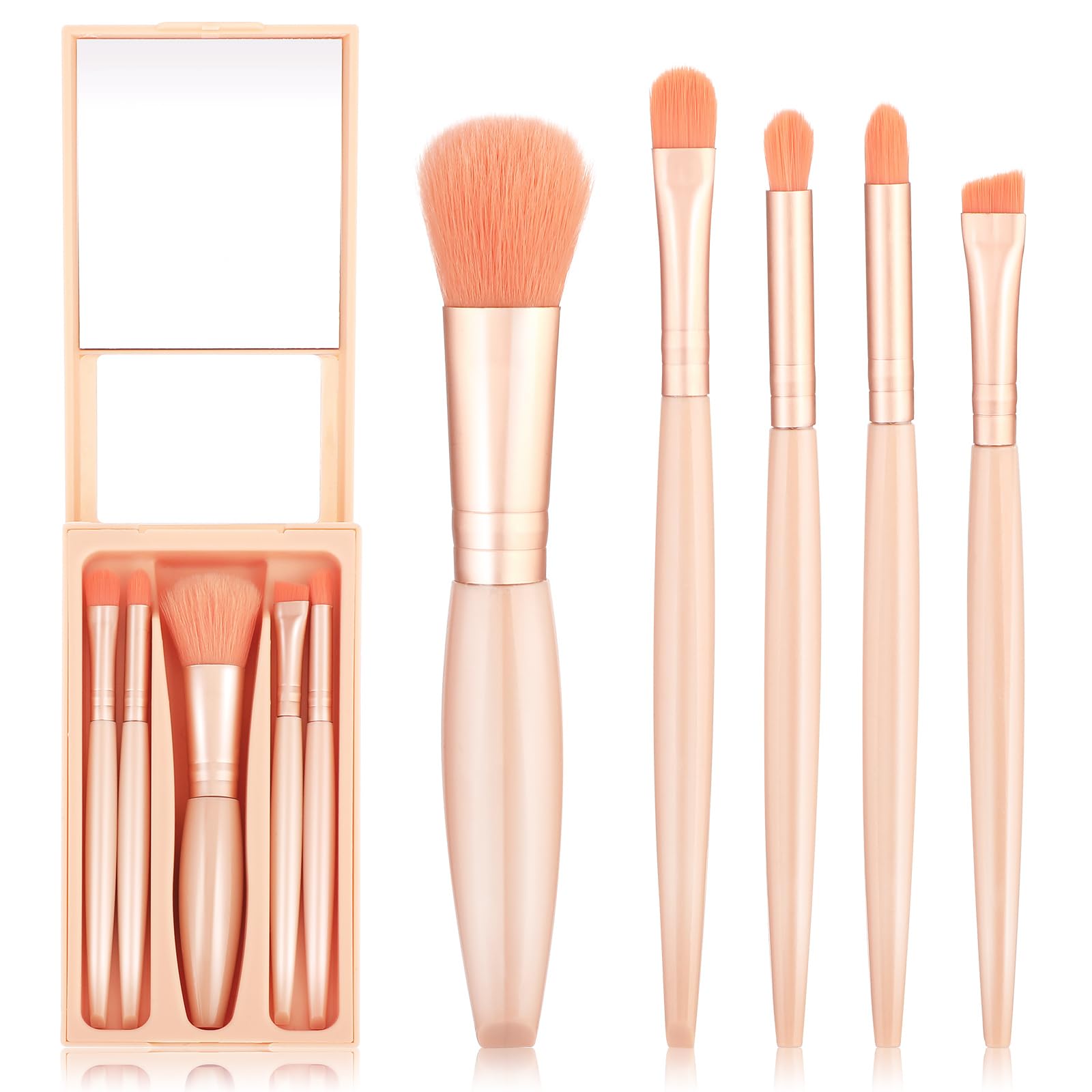 Nogeqi Juego de 5 pinceles de maquillaje, juego de pinceles de viaje con caja de espejo, pinceles profesionales con estuche, juego de pinceles de maquillaje, pinceles de maquillaje de viaje, juego de