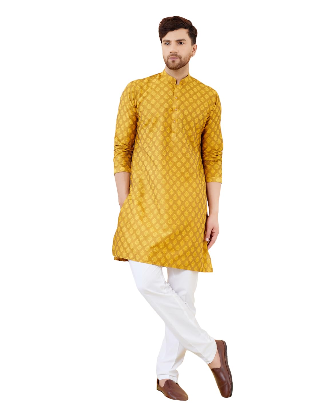 see designs Men Full Sleeve Sleeve Side Slit Mandarin Collar Ethnic Motifs Silk Jacquard Woven Design Straight Kurta with Pyjama-picture-40