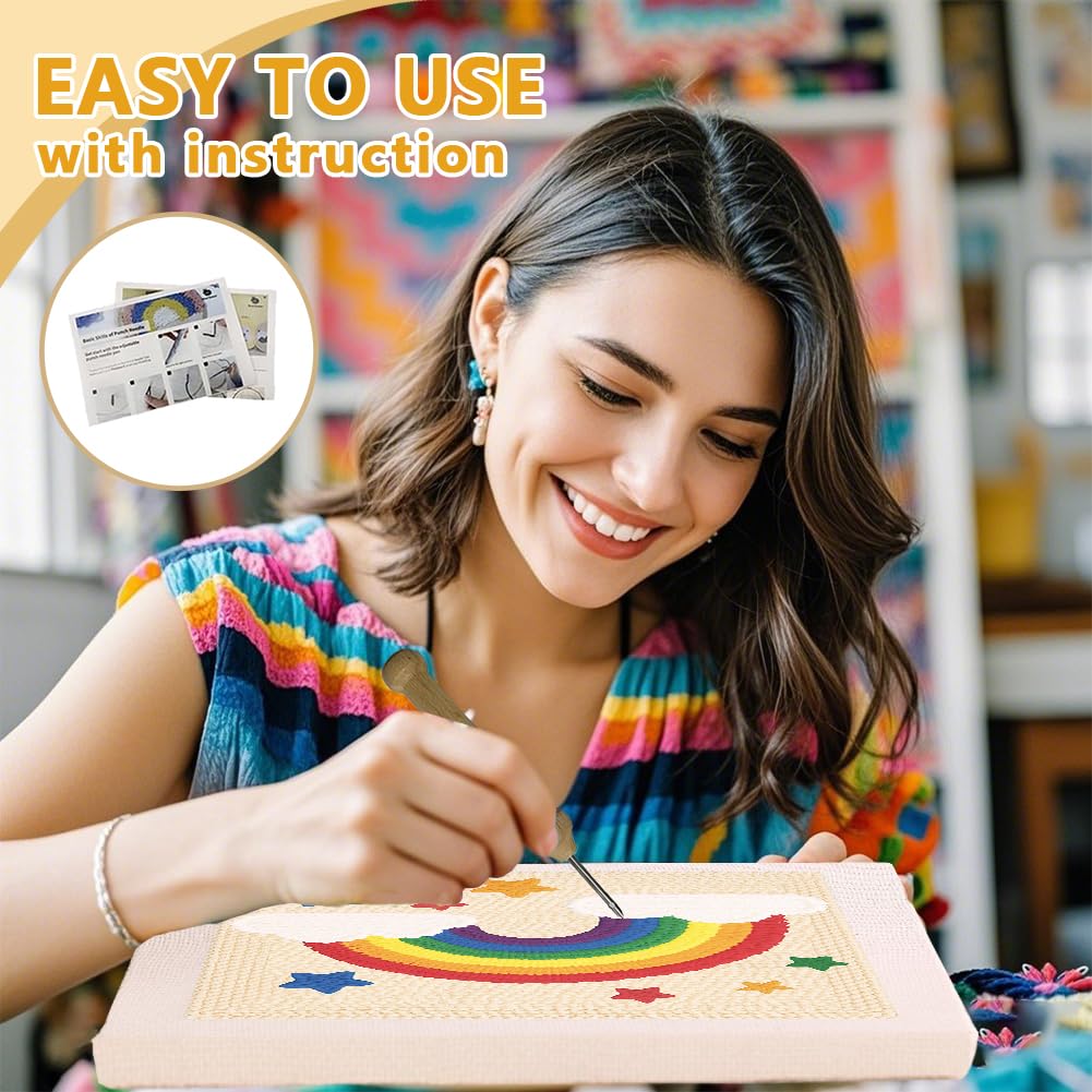 DOODLREAM Cartoon Rainbow DIY Punch Needle Embroidery Kit for Adult Beginner 24 cm Punch Stitching Craft Set for Starter with Frame Fabric Pattern - Image 3