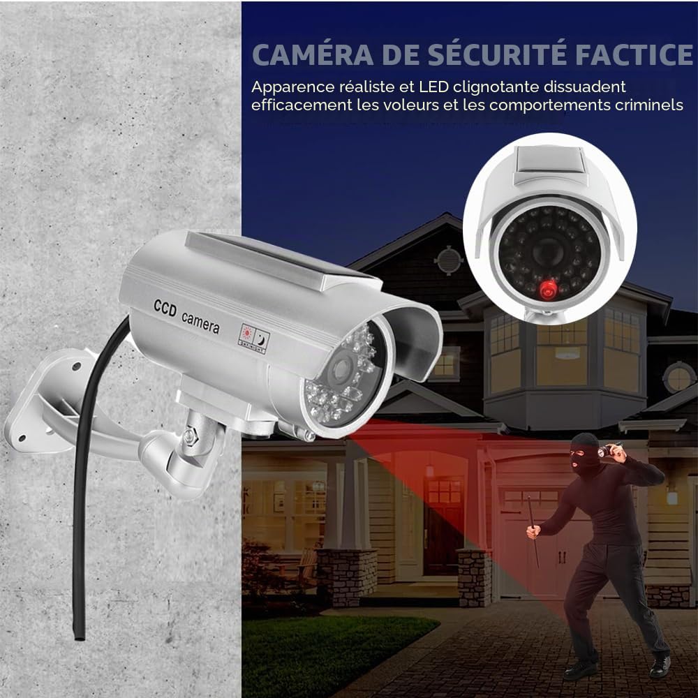 Lot de 2 alarmes factices pour maison factice à énergie solaire - Pour l'extérieur - Avec capteur de lumière clignotante rouge réaliste et autocollant d'avertissement