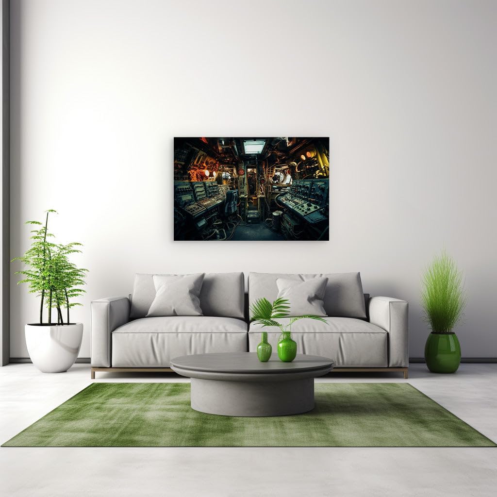 Canvas for Living room. Navigating Nostalgia: Inside the Cramped Quarters of a Vintage Control Room, 27 x 18 inch Canvas Wall Art - Ready to Hang - 69x46 cm (27x18 inch)