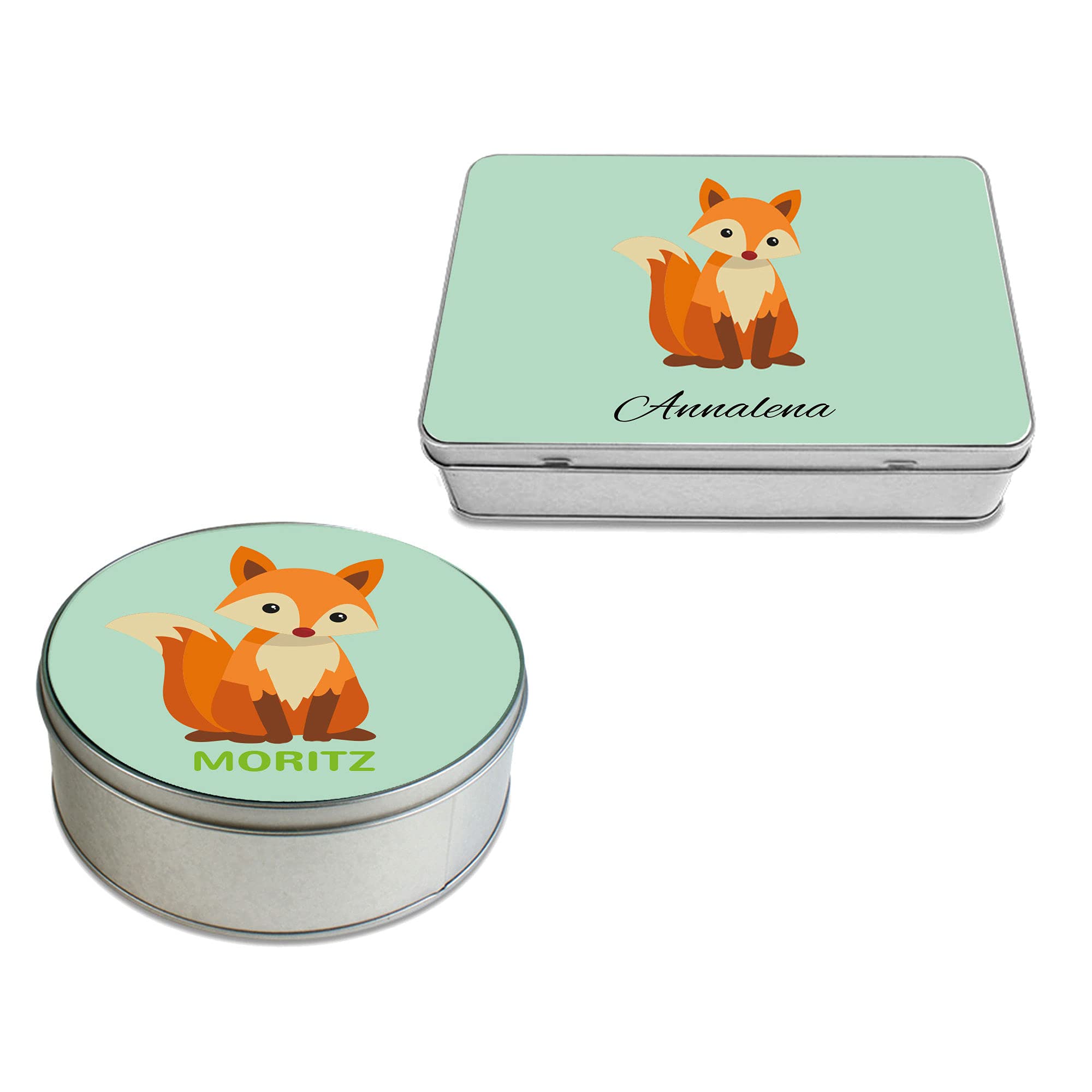 STEMPEL-FABRIK – personalisierte Metalldose eckig (20x13x5 cm | Fuchs) mit Namen – bedruckte Geschenkdose für Kinder – Keksdose mit Tiermotiv – Vorratsdose für Kekse, Plätzchen, Kaffee, Tee uvm.