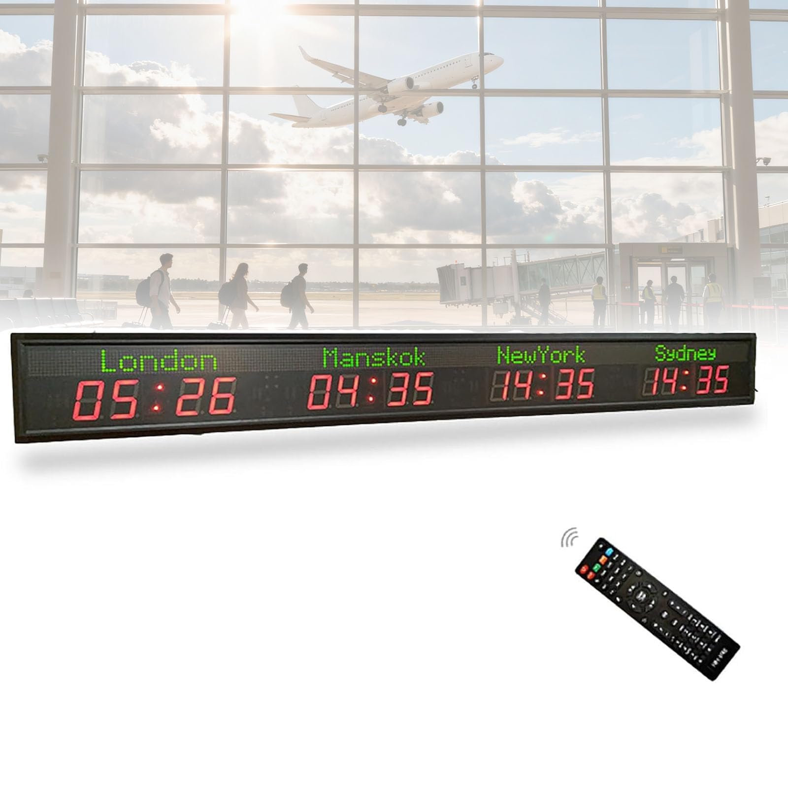 Orologio digitale con orario mondiale, 4 città 12/24 ore, nomi delle città personalizzabili per hotel, aziende e aeroporti